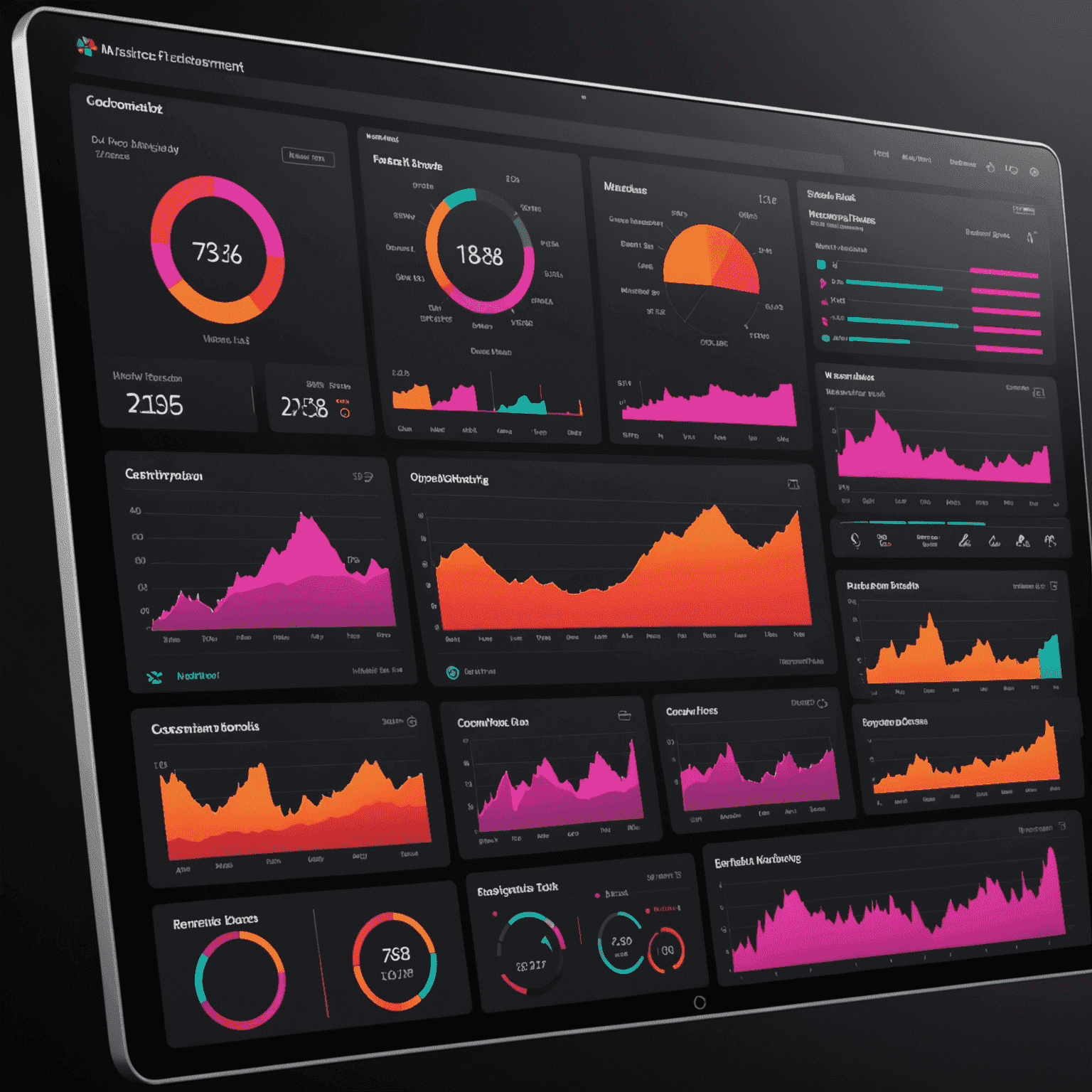 A sleek and modern interface dashboard showing flock management tools with vibrant red and pink accents on a black background. The image displays various charts, graphs, and real-time flock data visualization.