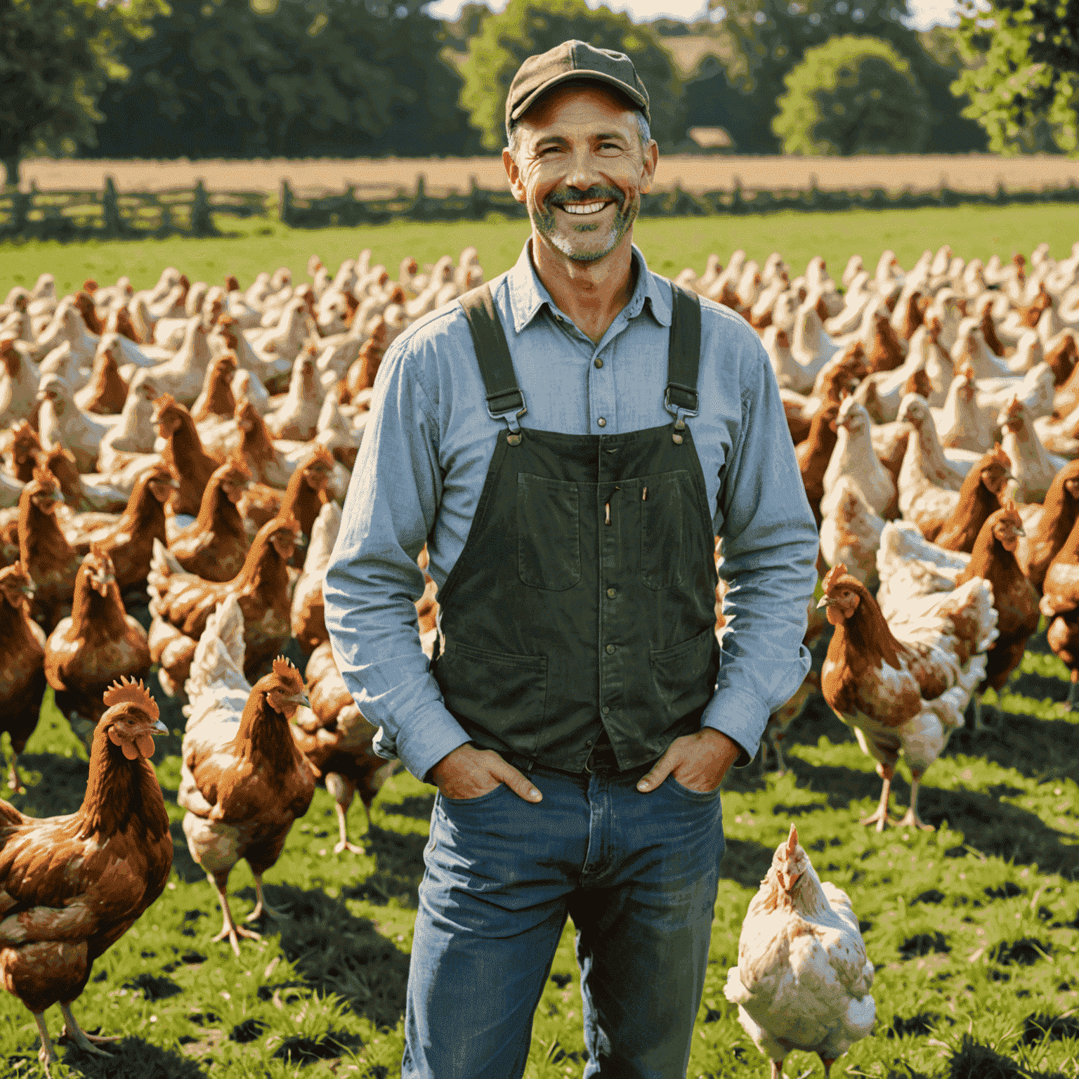 A smiling farmer standing in a field surrounded by a healthy flock of chickens, showcasing the success of using Flockirs interface