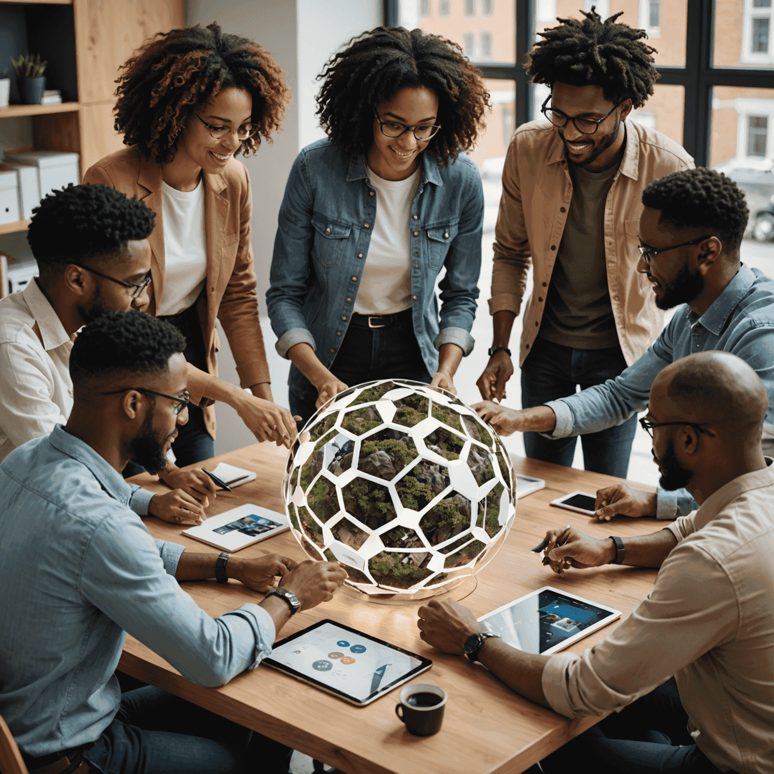 A group of diverse people collaborating on a digital interface, representing the creation of a customized flock for team collaboration