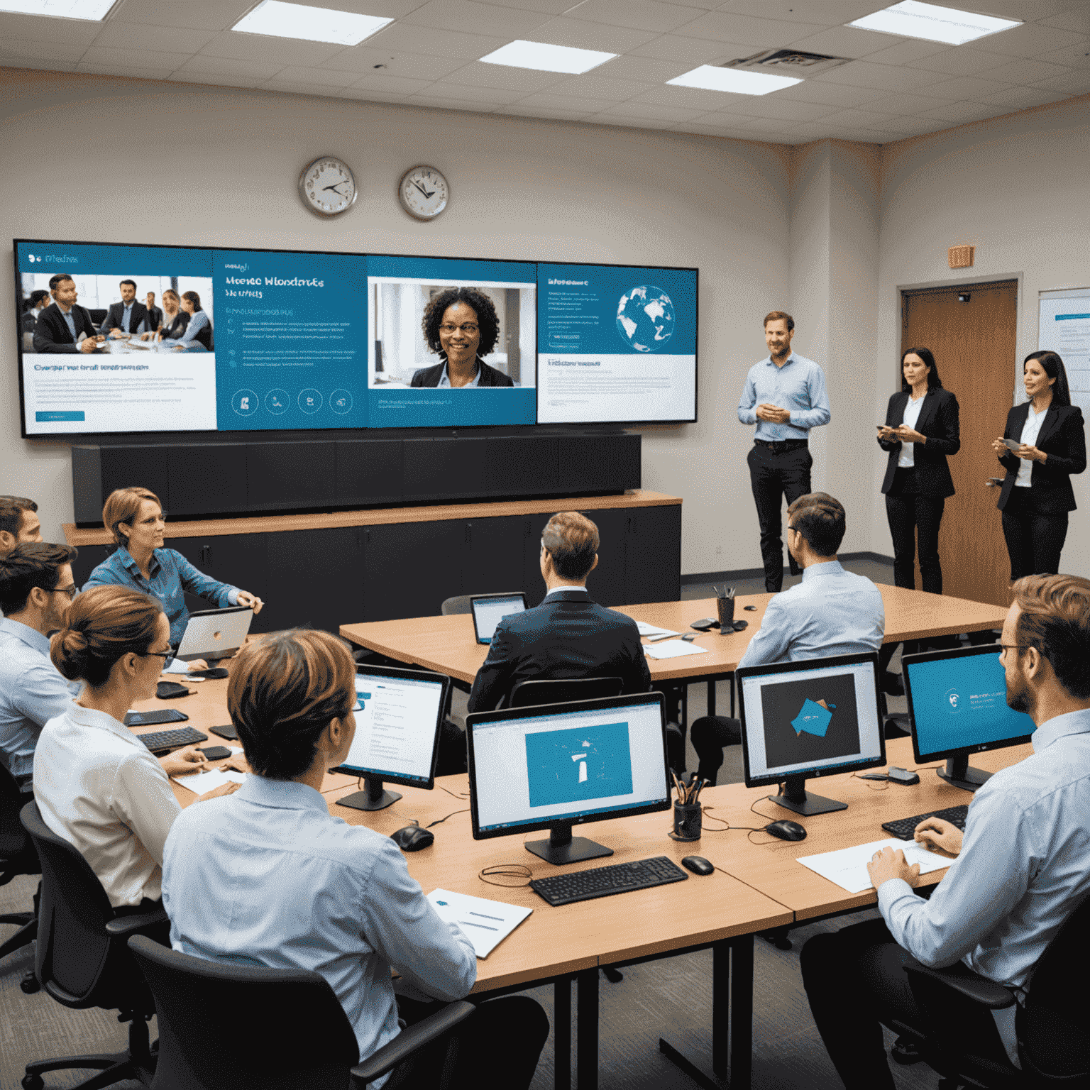 A group of diverse professionals engaged in a Flockirs training session, with a large screen displaying the Flockirs interface in the background