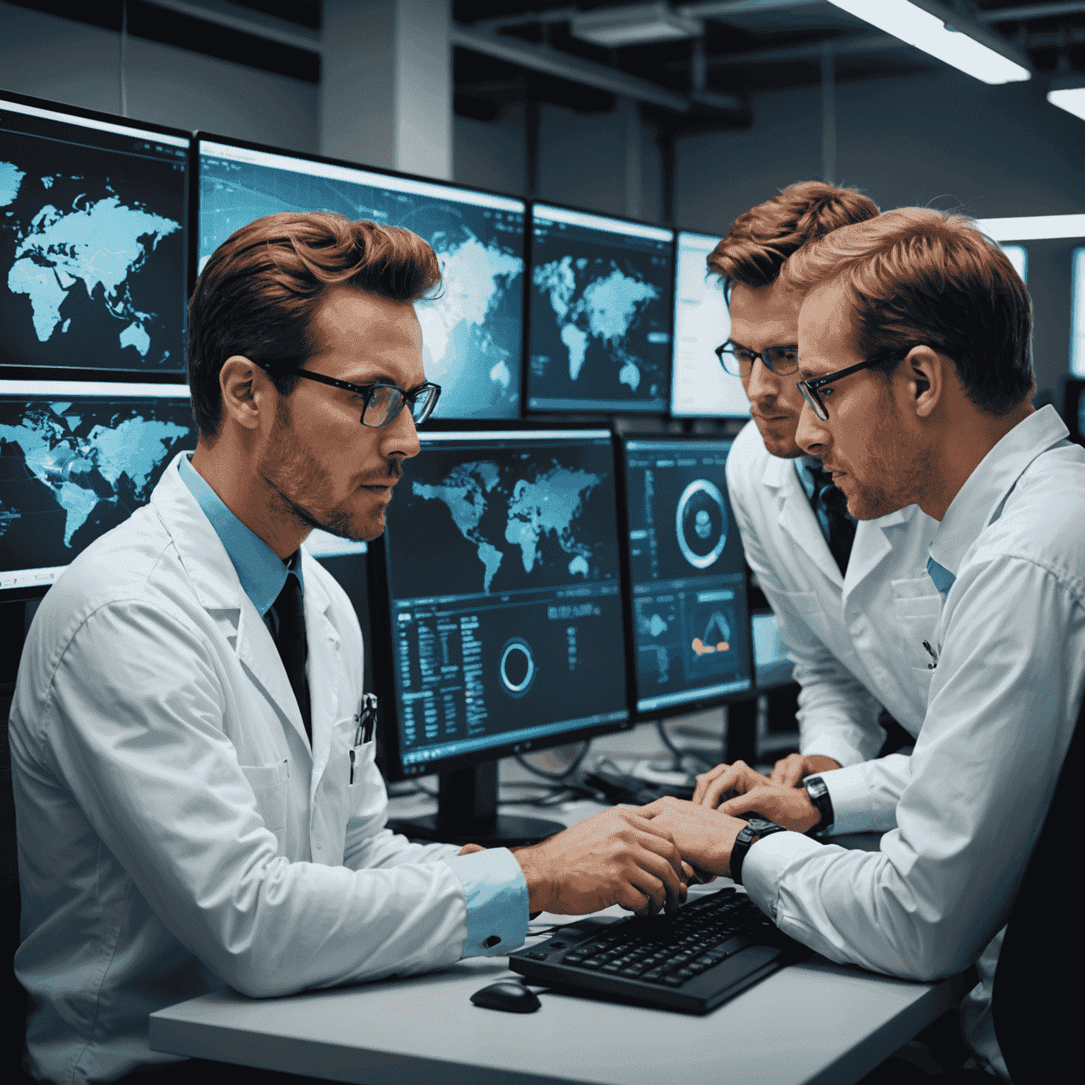 A team of technicians working on computer screens, monitoring Flockirs interfaces