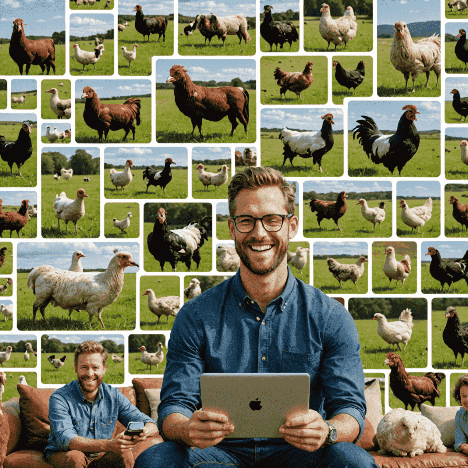 A collage of happy users interacting with the Flockirs interface on various devices, surrounded by images of well-managed flocks