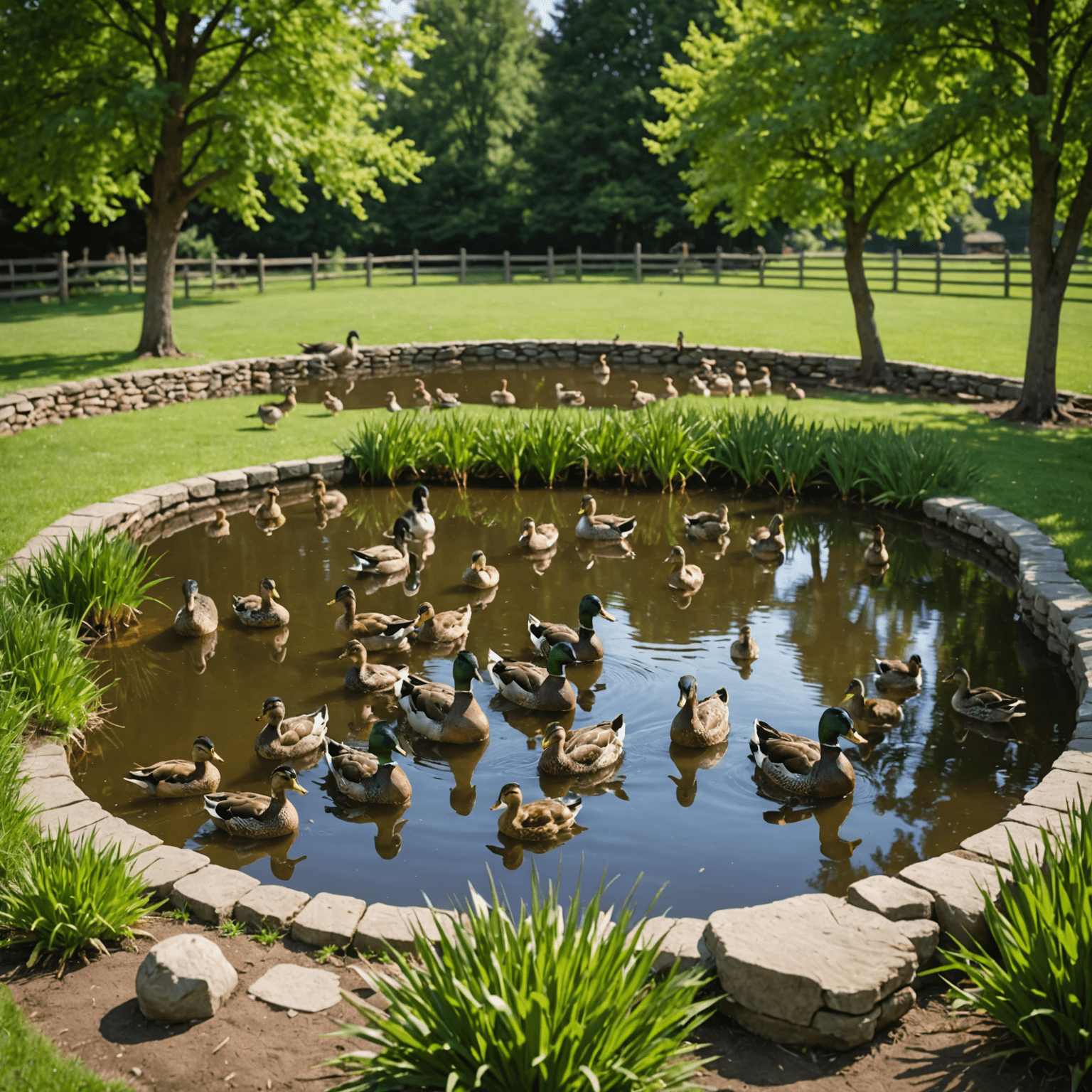 A well-maintained duck pond with a large, healthy flock of ducks, demonstrating the effectiveness of Flockirs for various types of poultry