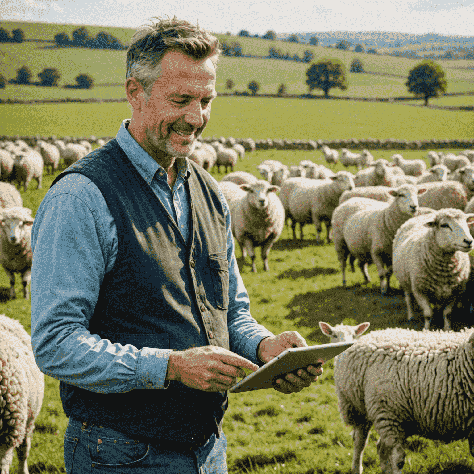 A satisfied farmer using a tablet with the Flockirs interface in a field surrounded by sheep