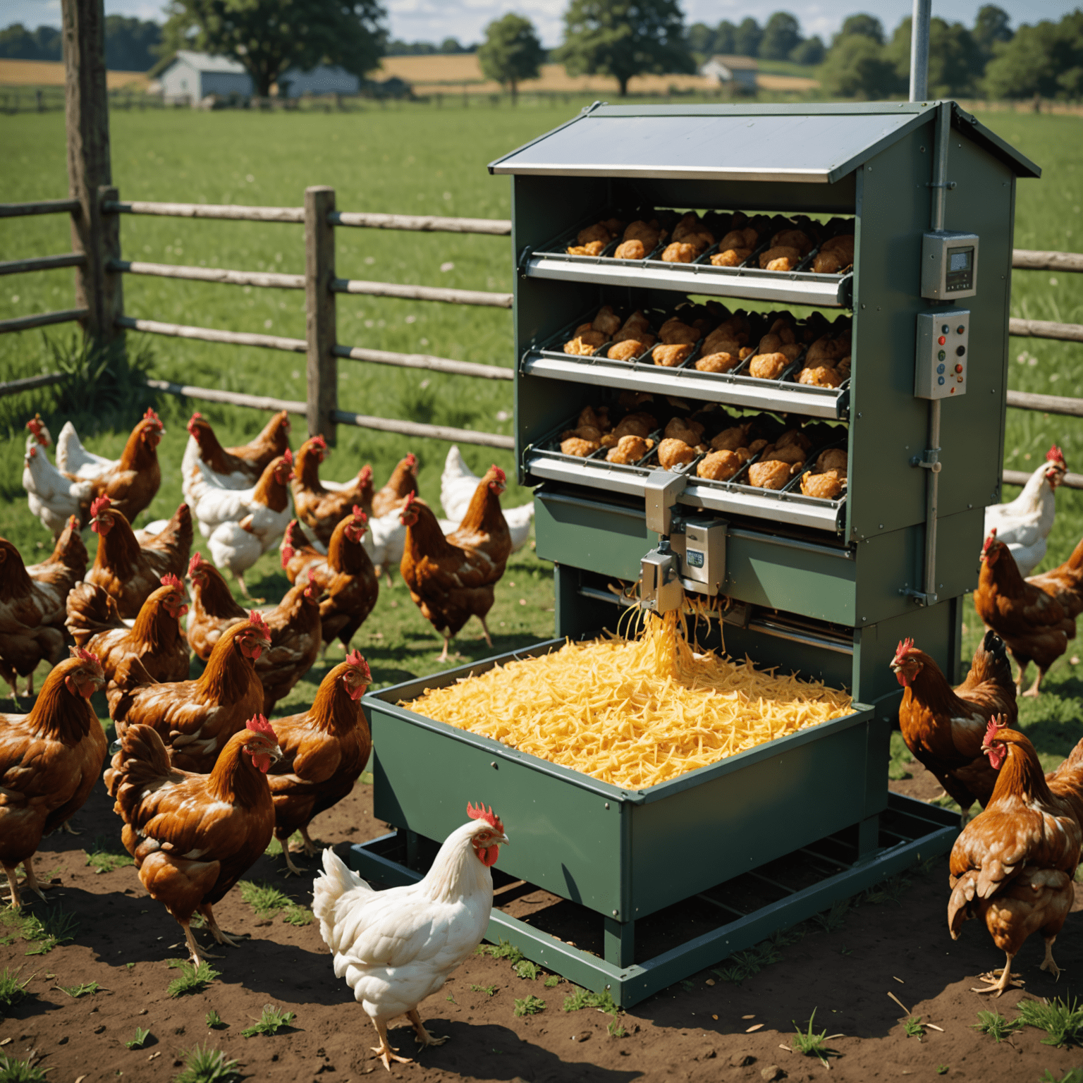 An automated feeding system controlled by Flockirs interface, showing chickens eating from it