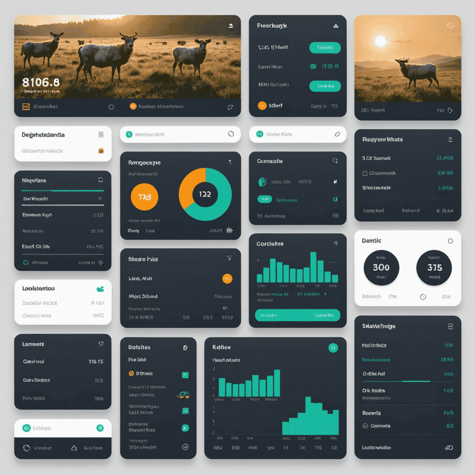 A grid of customizable widgets on the Flockirs interface, showing various flock statistics and controls