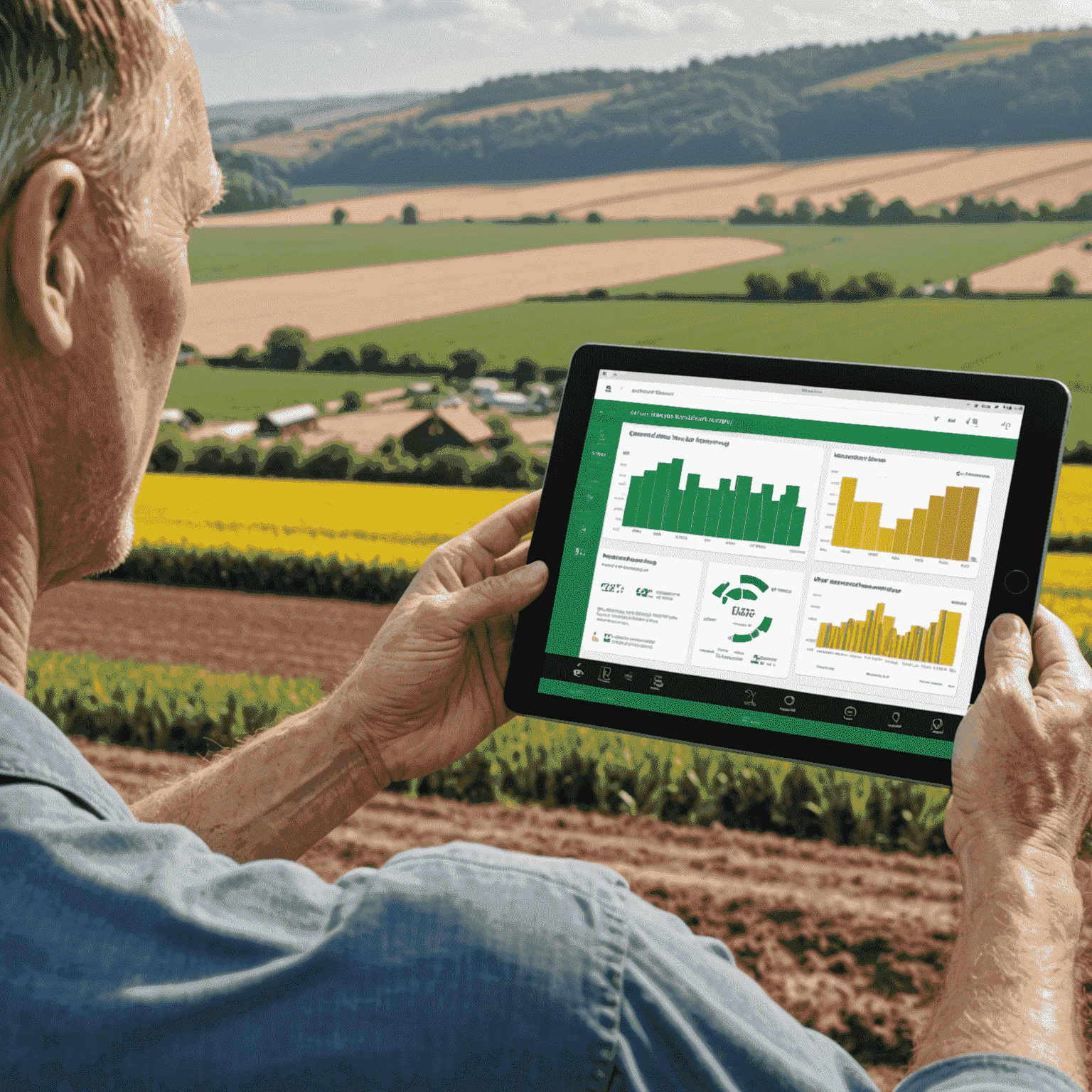 A farmer looking at a tablet displaying Flockirs health monitoring dashboard with graphs and charts