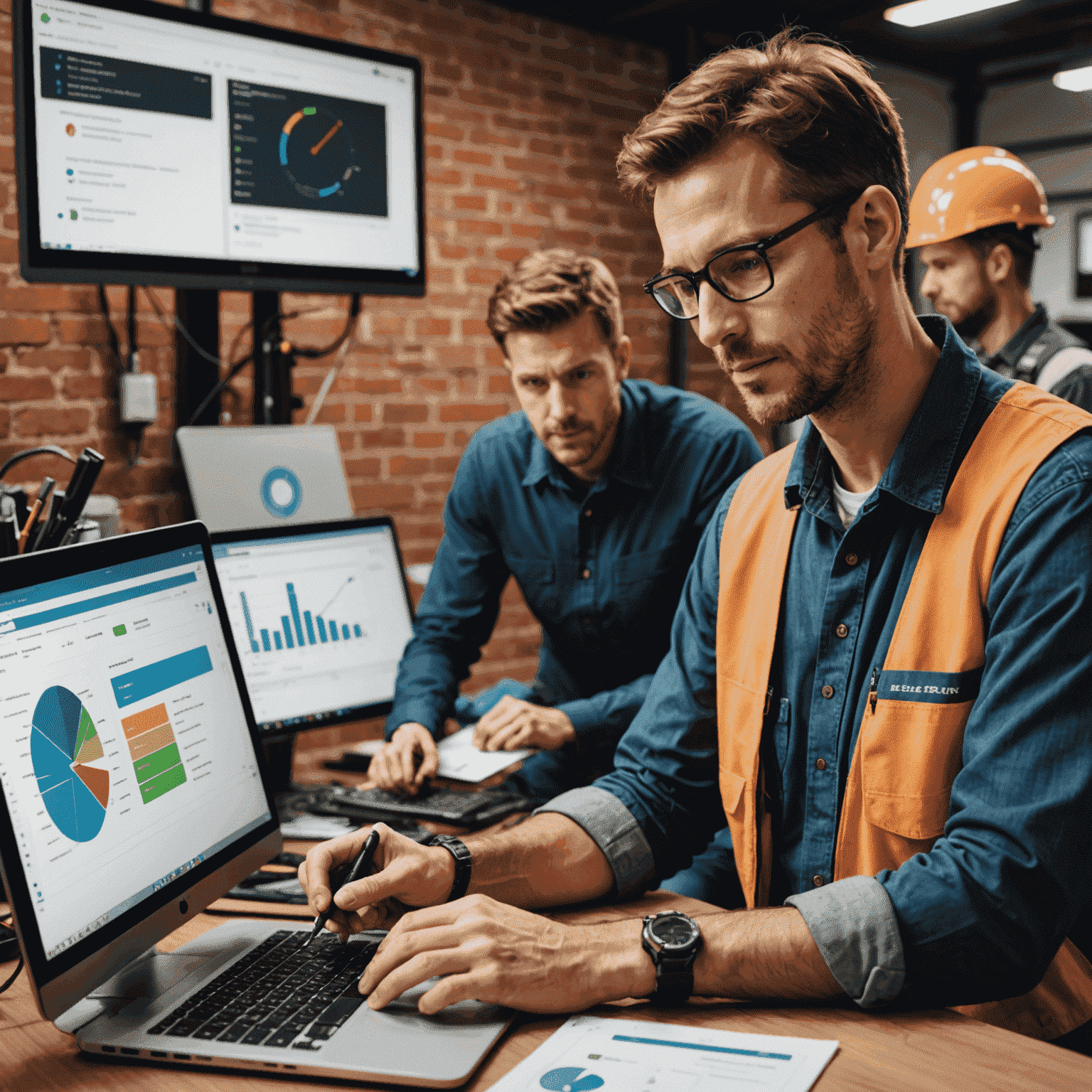 A support team member assisting a client with Flockirs interface, surrounded by maintenance tools and graphs