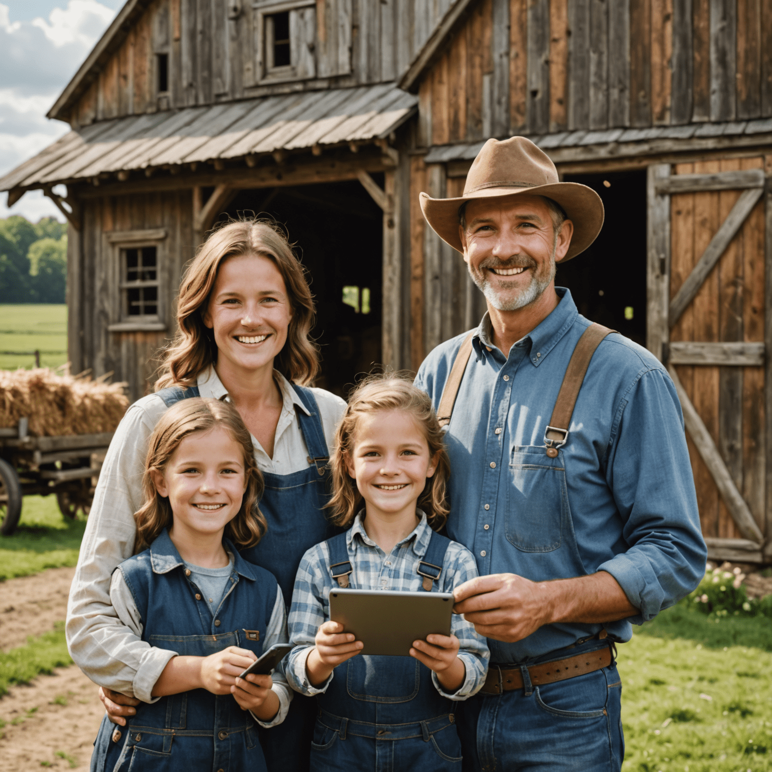 A family of farmers smiling in front of their barn, holding tablets with Flockirs interface visible